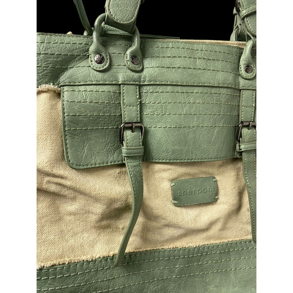 Sherpani Nola Large Shoulder Tote Bag Laptop Briefbag Leather Canvas Green Beige - Picture 2 of 16